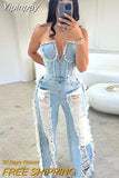 Yipinpay Tassel Hollow Out Overalls For Women Studded Diamond Strapless Backless Jeans Street Fashion Trend Jumpsuite Femme 911