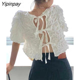 Yipinpay Elegant Back Bandage Short Tops Women 2023 Summer Short Sleeve O-neck Cute Blouses Ladies Korean Fashion Cropped Top