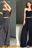 yipinpay Women Black Casual Pants Gray Suit Vest Sleeveless Vintage Fashion Straight Wide Leg Pants Female 2023 Summer Solid Trouser