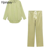 Yipinpay 2023 Women Solid Blouse Pants Sets Spring Casual Single Breasted Long Sleeve Shirts Elastic Waist Pants Outwear Two Colors