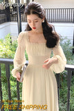 Yipinpay Elegant Solid Midi Dress Woman Fairy One Piece Dress Korea Fashion 2023 Summer Long Sleeve Even Party Dress Casual Female