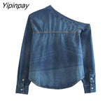 Yipinpay Fashion Asymmetrical Denim Shirt for Women 2023 Single Breasted Pockets Blouse Woman Long Sleeve Jeans Shirts Ladies