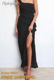 Yipinpay Fashion Women Slip Dress Sleeveless One-Shoulder Ruffled Slip Dress Summer Long Slit Dress For Cocktail Party Street Style
