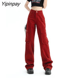Yipinpay Multi Bag Casual Wide Leg Cargo Pants Loose Red Jeans Woman