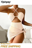 Yipinpay Women One Piece Swimsuit 3 Cover Ups Women Swimwear High Waist Solid Female Bathing Suit Beachwear Swimming Suits Biquini