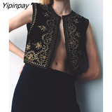 Yipinpay Spring Autumn Sequined Embroidery Vest 2023 Women Chic Lady Fashion Black Vest Female Sleeveless Jacket