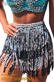 Yipinpay Women Sexy Belly Skirt, Sequined Fringe Miniskirt with Adjustable Waist Straps, Mini Skirt for Dance Performance, Rave Party