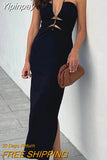 Yipinpay Backless Sexy Hollow Out Long Dress Women Black Cross Bandage Beaded Slim Spaghetti Strap Midi Dress Party Club Summer