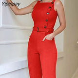 Yipinpay Solid Color Button Design Jumpsuit 423