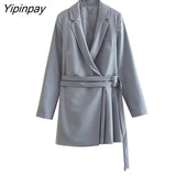 Yipinpay Elegant Women Gray Blazer Dresses With Belt 2023 Fashion Office Outfits Mini Dress Notched Collar Long Sleeve Dress