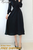 Yipinpay Women V-neck High Waist Dress Solid Elegant Luxury Long Midi A Line Dress Female Kpop Style Retro Ladies Vestidos