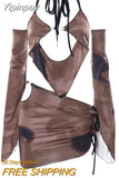 Yipinpay Ladies Summer Sexy Clothes Suit Mixed Color Hanging Neck Tie Up Backless Camisole + Low Waist Short Hip Skirt+Oversleeve Set