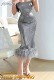 yipinpay Strapless Sexy Backless Midi Dress Evening Party Club Elegant Fashion Auutmn Faux Fur Slim Dresses Women Outfits 2023