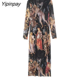 Yipinpay Newest Spring Summer Printed Tulle Dresses 2023 Vintage Elegant Long Sleeve O-neck Party Dress Sheath Mid-Calf Vestidos