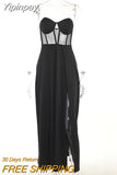 Yipinpay Sexy Corset Slit Women Dresses Hollow Backless Woman Autumn Black Dress Banquet Ceremony Fashion Temperament Sexy Dress