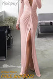 Yipinpay New Plus Size Solid Color Dress Female Summer Fashion Sexy Slit V-neck Long-sleeved Solid Slim Pleated Dress