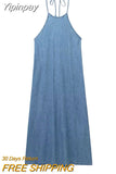 Yipinpay Backless Denim Dress Woman Blue Halter Long Dress Women Off Shoulder Midi Summer Dresses For Women 2023 Holiday Dresses