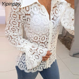 Yipinpay Women  Ruffled Lace Guipure Lace Hollow Out Bell Sleeve Shirt Women Blouse