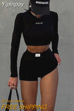 Yipinpay Letter Print 2 Two Piece Sets Tracksuit Women Matching Sets Fall Outfits 2023 Black Long Sleeve Tops And Shorts Set