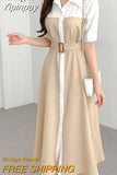 Yipinpay Chic French Korean Single-breasted Midi Dress Women Sashes Elegant Short Sleeve Office Ladies Shirt Dresses Khaki Blue