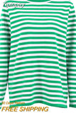 Yipinpay Classic Women Stripe Tee Shirt Casual Print Oversized Knitted Top O-Neck Long Sleeve Tops And Blouse Fashion T-shirt