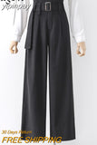 yipinpay Female High Waist Wide Leg Pants Loose Casual Belt Fashion 2023 Spring Autumn Long Suit Pants Womens Black Trousers OL