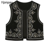 Yipinpay Spring Autumn Sequined Embroidery Vest 2023 Women Chic Lady Fashion Black Vest Female Sleeveless Jacket