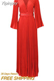 Yipinpay Flare Sleeve Pleated Dress For Women Fashion Solid Deep V-Neck Maxi Dresses 2023 Trend Chic Evening Party Vestidos