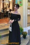 Yipinpay Fahsion Evening Party Dress Women Off Shoulder Bow Vintage Midi Dress Lady Elegant Long Sleeve Black Dress 2023 Winter