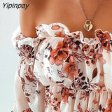 Yipinpay Women Lace Off Shoulder Floral Print Frill Hem Ruched Top Blouse Womens Tops and Blouses