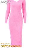 Yipinpay Spring Sexy Sweater Dress Casual 2023 V-Neck Elegant Knitted Women Dress Long Sleeve Bodycon Midi Dress Office Lady