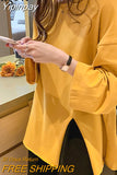 Yipinpay Loose Oversized T-shirt Female Long Sleeve Casual Vintage Split Tops Woman Spring Autumn BF Cotton Plain T Shirt Women