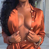 Yipinpay Women Solid Chic Long Sleeves Button Turn Down Collar Asymmetrical Folds Satin Mini Sexy Dresses