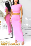 yipinpay Basic Women Casual Summer Matching Set 2023 Short Sleeve Slim T Shirt Tops And Long Bodycon Sexy Club Skirt Two Piece Set