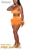 Yipinpay Feather Fringe Shorts Crop Top Two Piece Set Summer Women Sexy Bodycon Tracksuit Party Outfits 2023 Swimsuit Cover-up