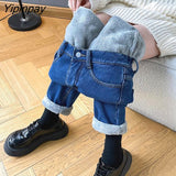 Yipinpay High Waist Thickened Plush Jeans Woman Straight Tube Loose Winter Style Versatile Harun Pants