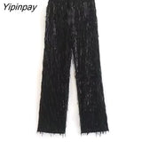 Yipinpay Spring Autumn Women Tassels Sequined Shirts Pant Sets 2023 Causal Single Breasted Top Elastic Waist Pants Outwear