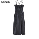 Yipinpay Elegant Autumn Women Faux-leather Dresses 2023 Fashion PU Solid Vestidos With Stitching Sleeveless Backless Pullover Dress