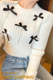 Yipinpay White Blue 3D Bow Rhinestone Chain Sweater Jumper Pull Femme Korean Cropped Sweater Mujer Mink Cashmere Sueter Mohair Top