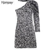 Yipinpay Autumn Fashion Women Beading Sequined Dress Asymmetrical Design One Shoulder Sleeve Party Vestidos Casual High Street Wear