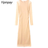 Yipinpay Elegant Women Solid Tulle Dresses Vintage Party Sheath Mid-Calf Dress Long Sleeve Vestidos 2023 Spring Autumn