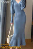 Yipinpay Elegant Mermaid Sweater Long Dress Women Vintage V-neck Knitted Warm Y2K Dress Korean Casual Chic Dress for New Year 2023