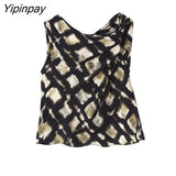 Yipinpay 2023 New Fashion Women Printed Skirts Sets Summer Casual Sleeveless Plaid Top Side Mid-Calf Skirts High Street Outwear