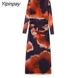 Yipinpay 2023 Women Printed Mid-Calf Dresses Elegant O-neck Pleated Dresses Fashion Vintage Long Sleeve Back Zipper Sexy Vestidos