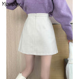 Yipinpay Autumn Winter Apricot Woolen Skirt Women High Waist Pleated Skirt