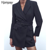 Yipinpay Women Solid Blazer Jacket With Belt 2023 Spring Autumn Notched Office Outfits Coats Double Breasted Chic Outwear Two Colors
