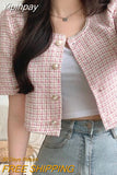 Yipinpay Shirts Tweed Short Sleeved Coat Tops Women's Single Breasted Pink Plaid Cardigan Beaded Crop Jackets Summer Y2k