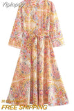 Yipinpay 2023 Woman Vintage Print Shirt Dress Women Belt Summer Long Dresses For Women Fashion Button Midi Elegant Casual Dresses