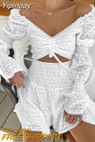 Yipinpay Sexy Women Jacquard White Dress Ruched Ruffled A-Line Lace Boho Dress Autumn 2023 Hollow Out Mini Dress Beach Style