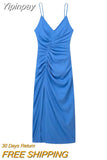 Yipinpay Blue Slip Long Dress Women Ruched Elegant Party Dresses For Women 2023 Backless Sexy Summer Woman Dress Evening Dresses